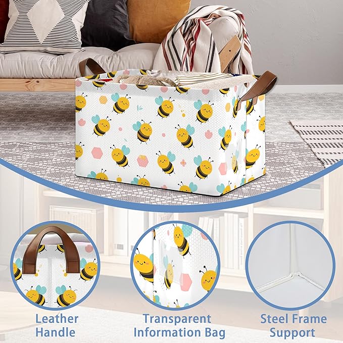 Cute Bee Storage Basket,Collapsible Storage Bin Cubes for Living Room Bedroom Blankets Home Storage 17x11.5x10Inch