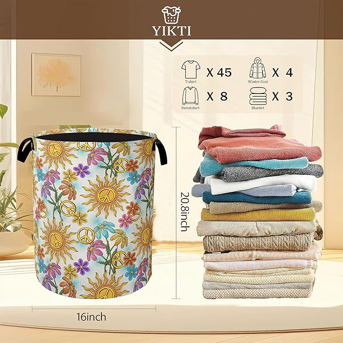 Collapsible Laundry Basket,Vintage Peace Symbol Dirty Clothes Hamper,Hippie Flower Hampers for Bedroom Waterproof Oxford Cloth Storage Organizer for Bathroom,Nursery,Dorm,16x20 Inch