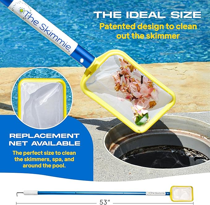 The Skimmie (Long Version) Pool Skimmer Net & Pole 53" with Stainless Steel Hook, Two Skimmer Basket Handles, Fine Mesh Net & Skimmie Dip - Hands-Free Removal of Debris, Bugs, Frogs, Small, Animals