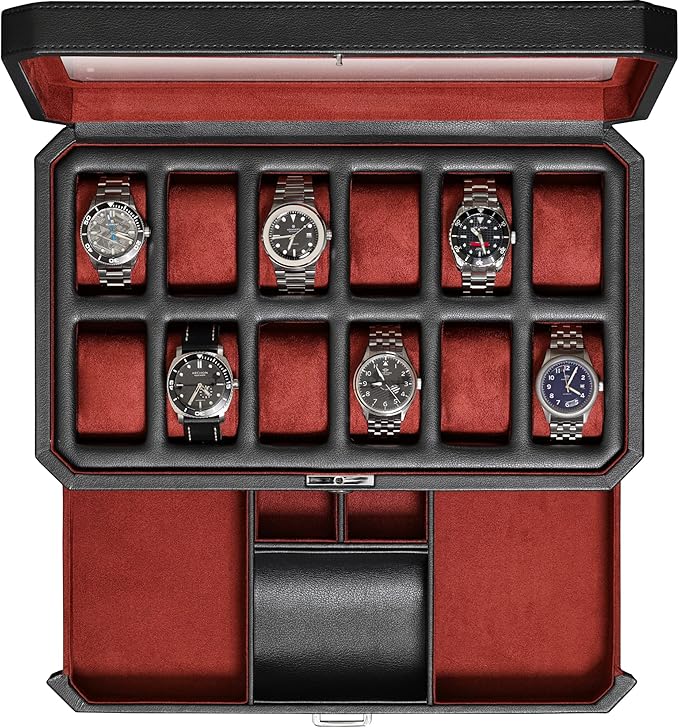 ROTHWELL 12 Slot Leather Watch Box with Valet Drawer - 12 Slot Luxury Watch Case Display Organizer, Microsuede Liner, Mens Accessories Holder, Jewelry Case, Jewelry Display Organizer (Black/Red)