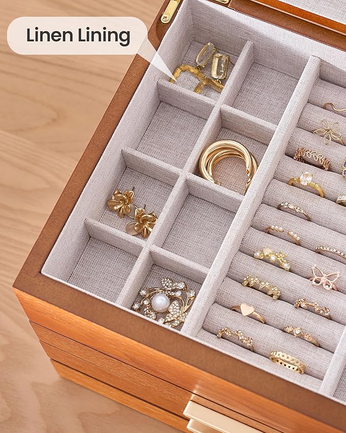 Lolalet Jewelry Box, Clear Window Wood Grain Jewelry Storage for Earrings Bracelets Necklaces Rings, High Capacity Organizer for Women -Cherrywood, 4 Layers