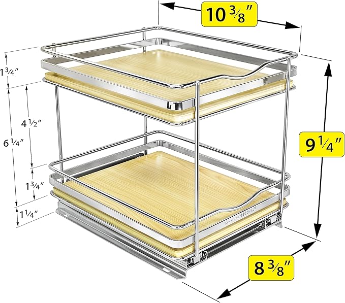 LYNK PROFESSIONAL® Élite™ Pull Out Spice Rack Organizer for Inside Kitchen Cabinets - 8-3/8 inch Wide - Slide Out Drawer – Wood/Chrome Sliding Spice Cabinet Organization Shelf Racks - 2 Tier