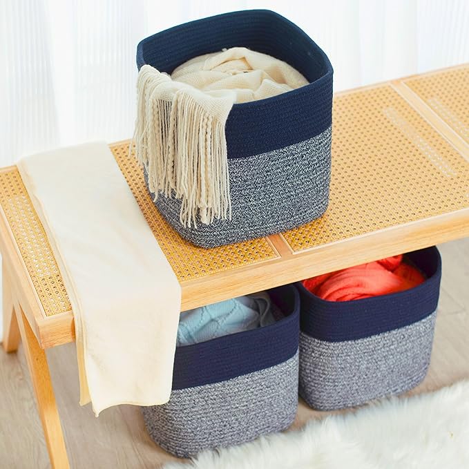 MINTWOOD Design 3-Pack 11x11in Woven Cube Storage Bin and Shelf Baskets, Cute Decorative Square Organizer for Closet, Classroom, Bathroom, Dog and Cat Toys, and Books, Navy Blue