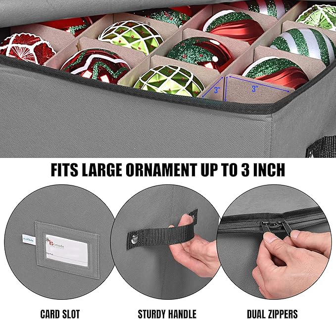 Primode Christmas Ornament Storage Box, 4 Individual Trays Xmas Storage Container, Fits 64 Ornaments Decoration Balls, Constructed of Durable 600D Oxford Material (Gray)