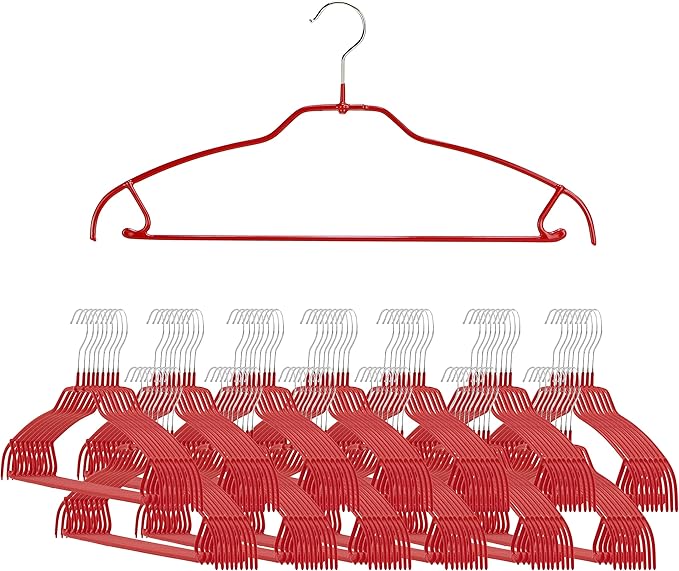 Mawa by Reston Lloyd Silhouette Ultra-Thin Series, Non-Slip Space Saving Shirt Hanger with Pant Bar & Skirt Hooks, Style 42/FTU,Pack of 130, Red