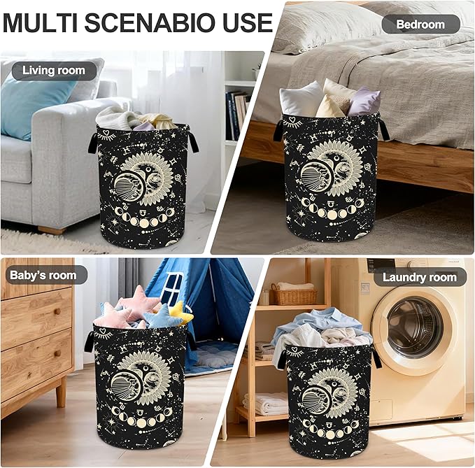 Sun Moon Laundry Basket Storage Bin Foldable Laundry Hamper Clothes Storage Bucket Organizer 19.6x15.7 Inch For Laundry Room/Bedroom/Bathroom