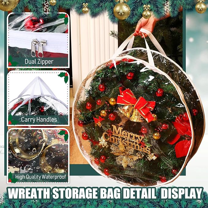 Zhengmy 10 Pcs 24 Inch Christmas Wreath Storage Bags Transparent Wreath Storage Container Bulk Wreaths Box with Dual Zippers and Handles for Xmas Holiday Wreaths Garland
