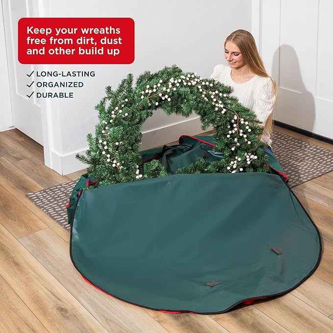 HOLDN’ STORAGE Premium Wreath Storage Bag - Durable Material - Waterproof - Heavy-duty Christmas Storage Container for Xmas Wreath with Dual Zipper Closure, Tear-proof, 48"W x 8"D - Green