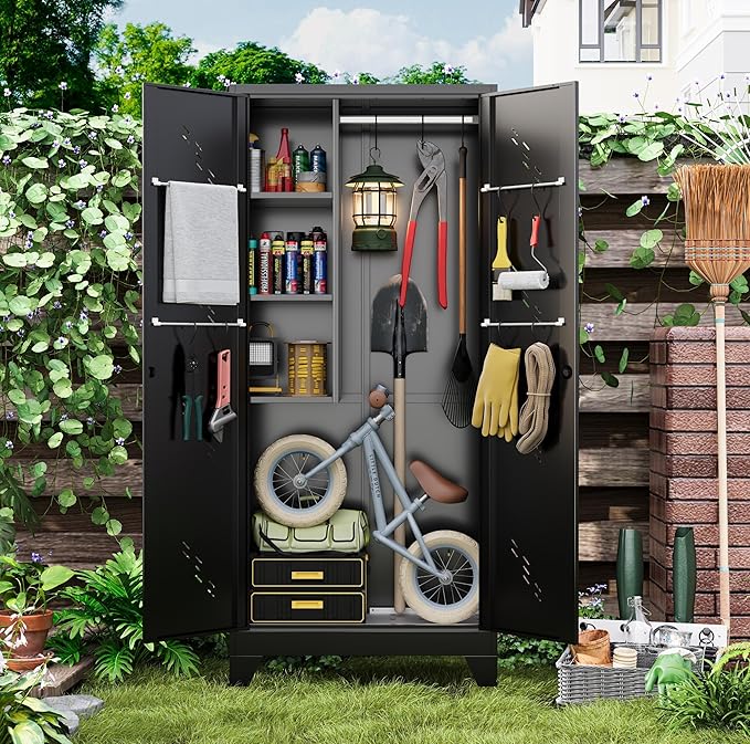 Garage Storage Cabinet 75" H,Tall Storage Shed with Lockable Doors and Stainless Steel Bottom, Black Tools Utility Chests for Office, Garage, Warehouses