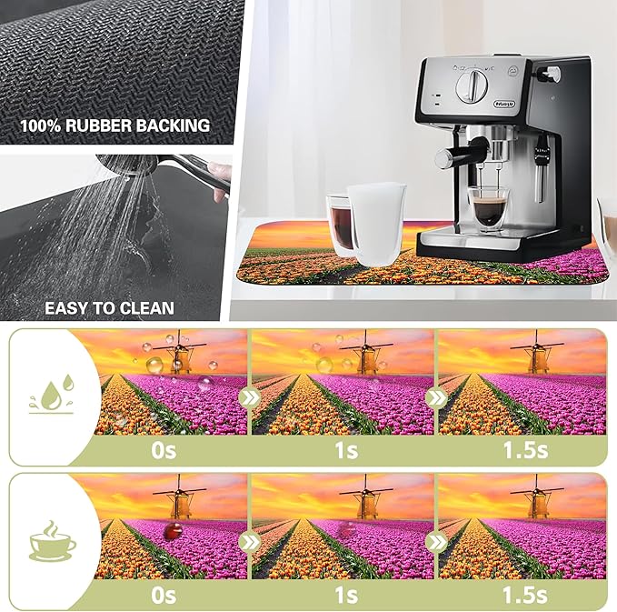 Kitchen Mat Sunrise Tulip Field Dish Drying Mat 16"x24" Bsorbent Coffee Maker Mat for Sink Dishes or Under Rack Kitchen Counter Accessories Absorbent Hide Stain Rubber Backed Dish Drying Pad