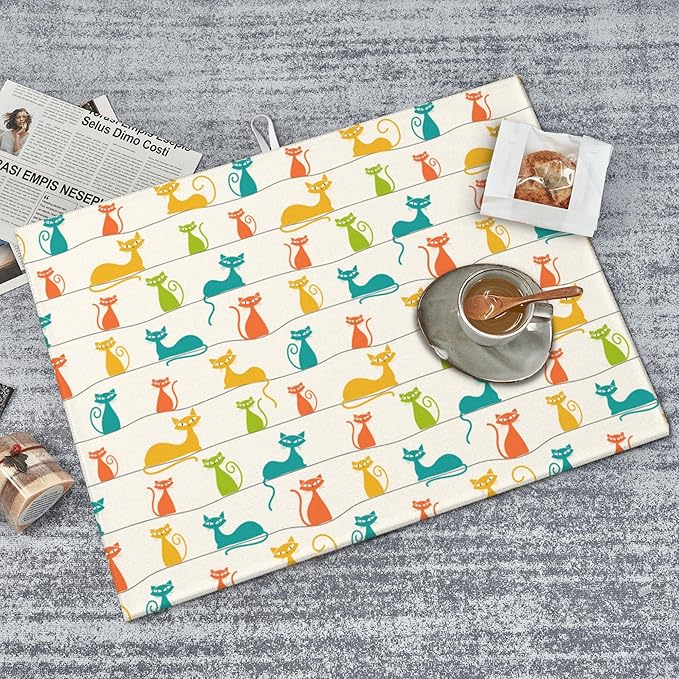 Mid Century Modern Cats Dish Drying Mat for Kitchen Counter Absorbent Reversible Cute Drying Pad Dark Kitchen Decor Dish Drainer Rack Mats 18"x24"