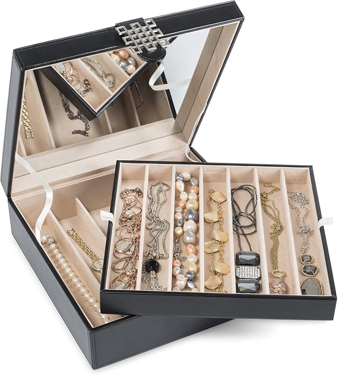 Glenor Co 12 Section Necklace Organizer - Large Mirror - 2 Trays - PU Leather - Black - Jewelry Box - Modern Buckle Closure - Fits Necklace & Bracelet - Jewelry Holder for Women Teens & Girls