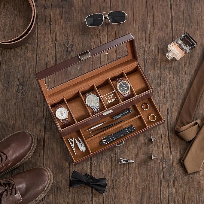 ProCase Watch Case, 6 Slot Mens Watch Box Holder Organizer with Glass Lid, 2-Layer Watches Display Case, Mens Jewelry Box with Drawer, Birthday Valentine Gifts for Men Women -6 Slot, Espresso