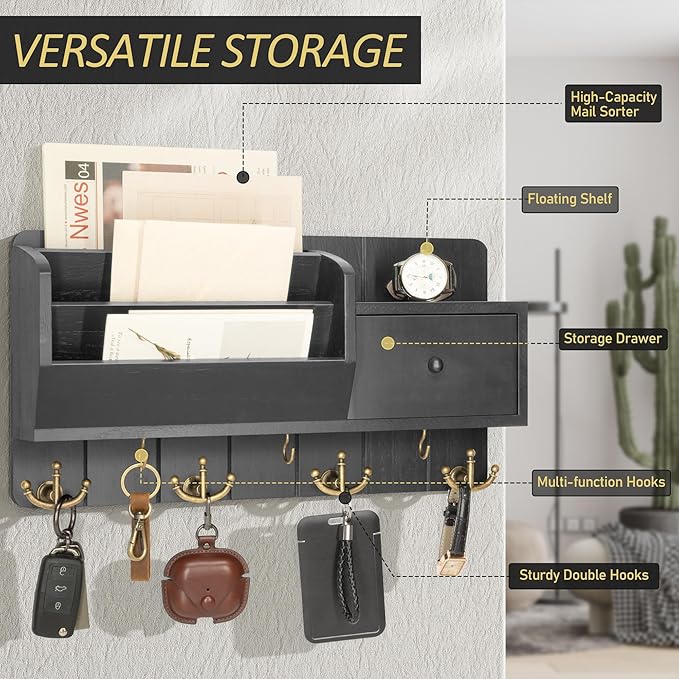 Rebee Vision Key Holder Wall Mount with Mail Sorter - Decorative Mail Organizer for Wall with Key Hooks and Drawer Organizer - Modern Home Essentials for Room Decor (Black)