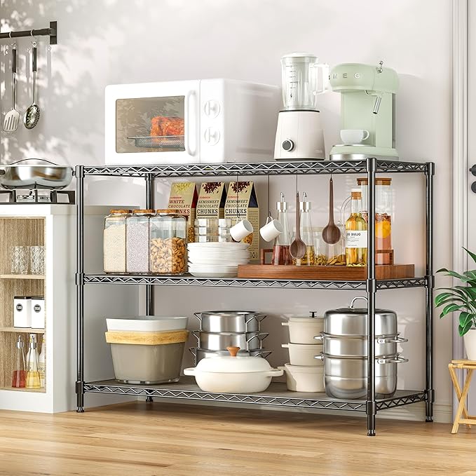 RackBro 795LBS 3-Shelf Adjustable Storage Shelves 36" W x 14" D x 36" H Metal Shelving Unit Heavy Duty Wire Rack Small Organizer with 3 Shelf Liners for Kitchen Pantry Bathroom Closet Garage Black