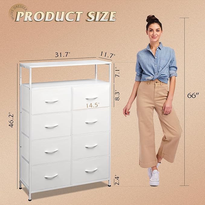 WLIVE Fabric Dresser for Bedroom with Open Shelves, Tall White Dressers with 8 Drawers, Storage Tower with Fabric Bins, Chest of Drawers for Closet, Hallway