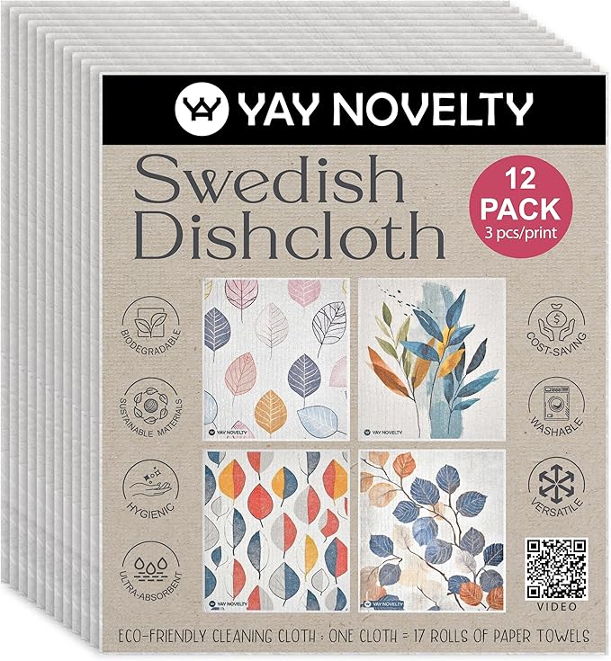 YAY NOVELTY Swedish Dishcloths - 12 Pack | Made in Germany | Ultra-Absorbent, Reusable Cellulose Sponge Cloths for Kitchen | No-Odor, Eco-Friendly Cleaning Wipes | Water-Based Ink | Leaves
