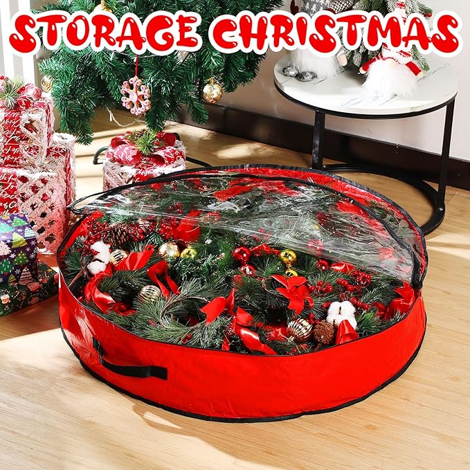 Aliceset 4 Pack Wreath Storage Containers, Christmas Ornament Garland Wreath Storage Bags with Handle Dual Zipper Large Decorative Storages Box for Winter Wreaths(36 x 36 x 7.8 Inch,Red)