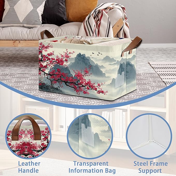 Cherry Blossom Collapsible Storage Box,Moutain Japan Organizer Bin with Handles for Room Decoration,Bins Book Basket Box 17x11.5x10Inch