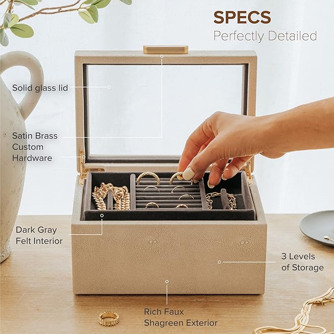 CASE ELEGANCE Petite 3 Tier Jewelry Box, Storage & Display Case for Bracelets Earrings Rings Necklaces, Accessory Organizer for Women Girls Wife, Shagreen Vegan Leather & Velvet Lined, Brass Hardware