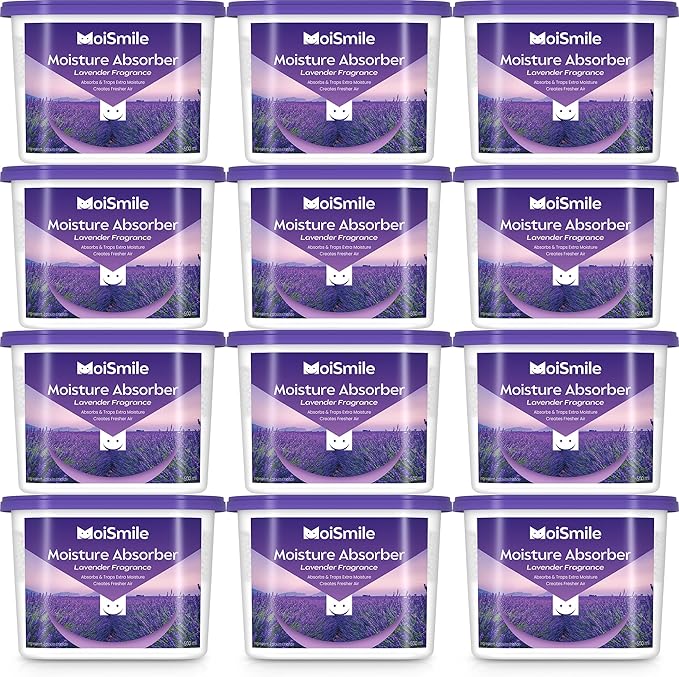 Moismile Moisture Absorbers 12 Packs, 10.8OZ Lavender Vanilla Efficient Humidity Absorber ＆ Odor Eliminator Boxes, Refillable Car Dehumidifier for Closet, Bathroom, Basement＆ RV