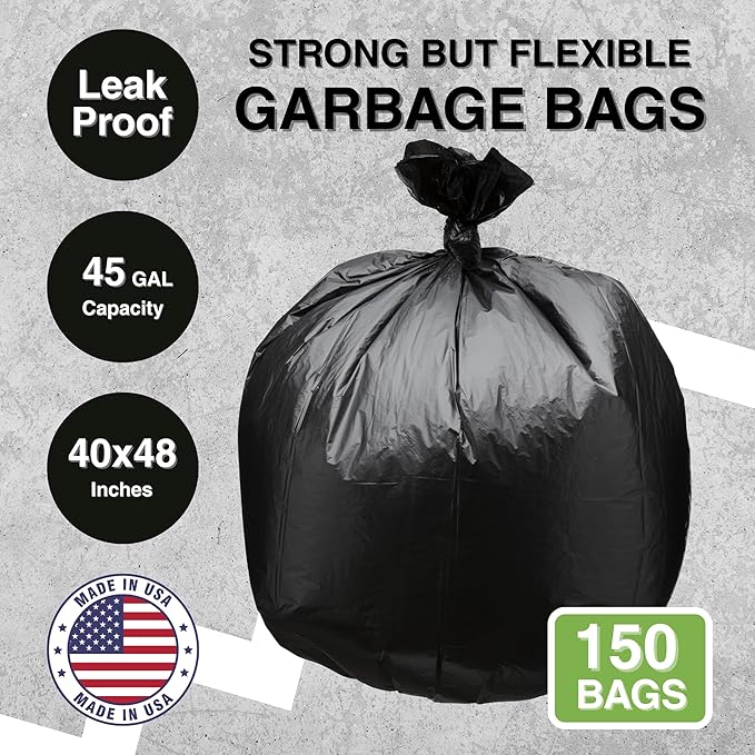 Top Knot Bags 45 Gallon Garbage Trash Bag 40X48" Black 150 Count Can Liner Bulk 40 Gallon 41 Gallon 42 Gallon 44 Gallon Made in USA