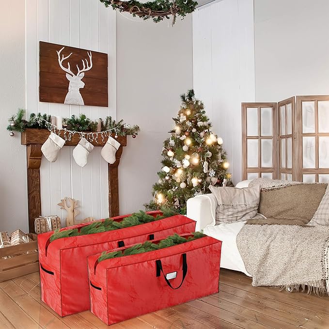 Christmas Tree Storage Bag-2 Pack-Fits 7.5 Ft Artificial Tree Each-Protect Holiday Decorations & Inflatables from Moisture & Damage by Elf Stor (Red)
