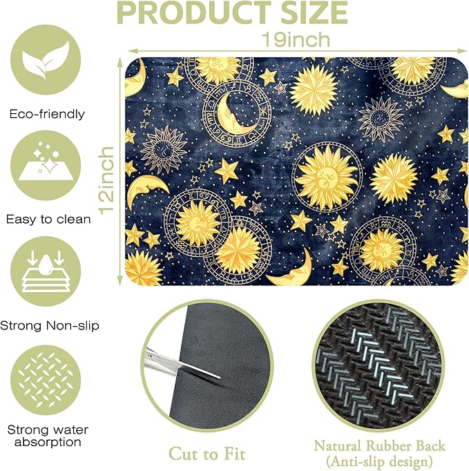 Dish Drying Mat Colorful Textile Sun Moon Stars Kitchen Mat 12"x19" Bsorbent Coffee Maker Mat for Dishes Utensils Coffee Maker Pots and Pans Easy Clean Dish Slip Resistant Pad