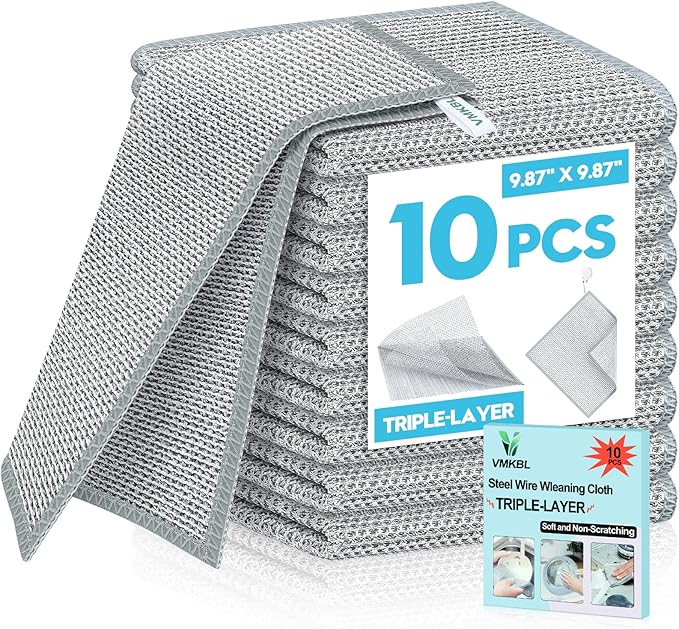 VMKBL 10 Pcs New Upgraded 3 Layers Non Scratch Wire Dishcloth, Multipurpose Wire Steel Wool Scrubber, Wet & Dry for Cookware, Sinks, Dishes, Stoves & Fireplaces 9.87“ x 9.87”
