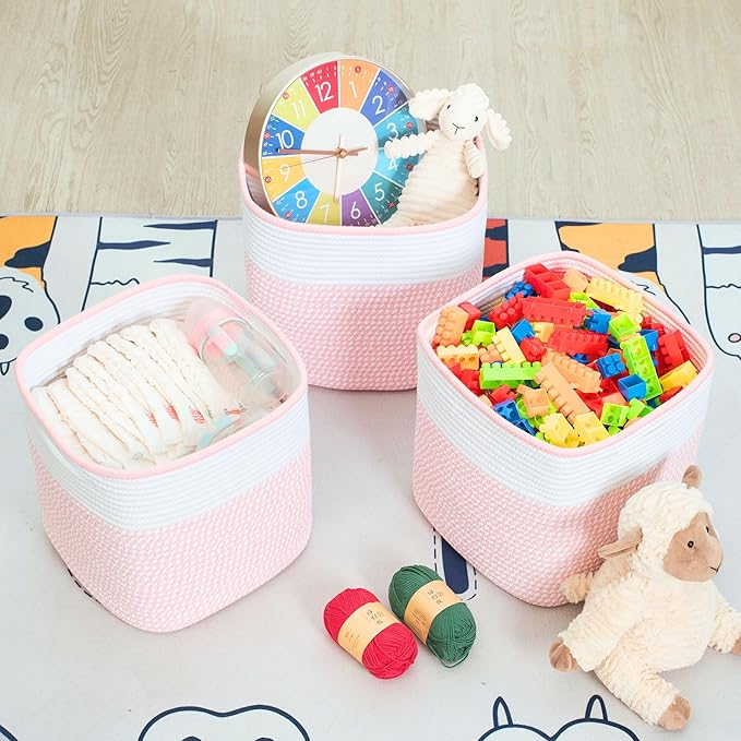 MINTWOOD Design 3-Pack 11x11 Inch Cube Storage Bin, Woven Storage Cube Organizer, Closet Organizer, Cute Square Storage Bins, Decorative Classroom Bathroom Pantry and Shelf Baskets, Light Pink