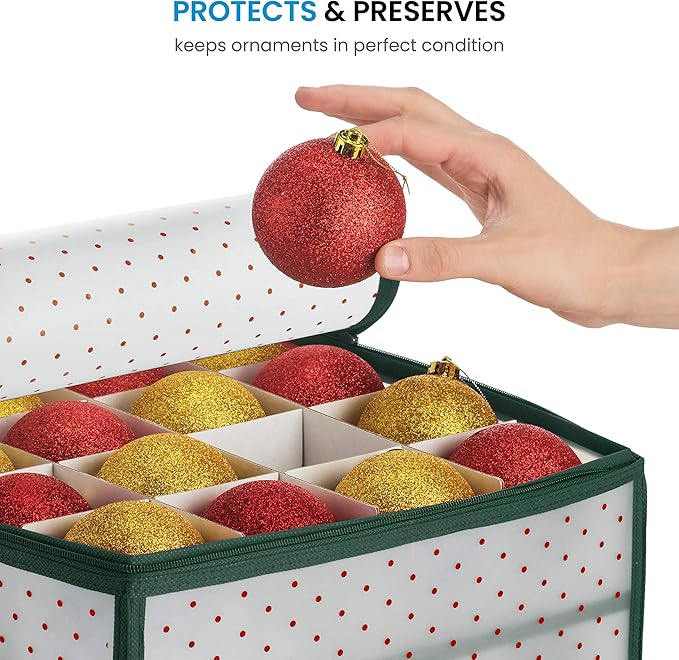 ZOBER Christmas Ornament Storage Box Plastic - Stores 64 3" Ornaments with Individual Trays - Ornament Organizer Storage Box, Durable Christmas Containers Holder - Green