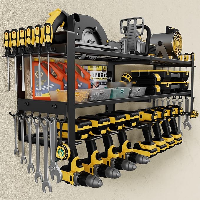 Power Tool Organizer Wall Mount, 3-Tier Tool Storage Rack with 8 Drill Holders, 300LBS Load Heavy Duty Cordless Tool Shelf for Garage Organization, Gift for Men