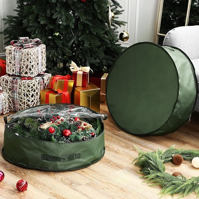4 Pack Wreath Storage Container, 24 Inch Christmas Wreath Storage Box with Clear Window and Handles Upgrade Oxford Cloth Garland Bags with Dual Zipper for Xmas Wrapping, Green