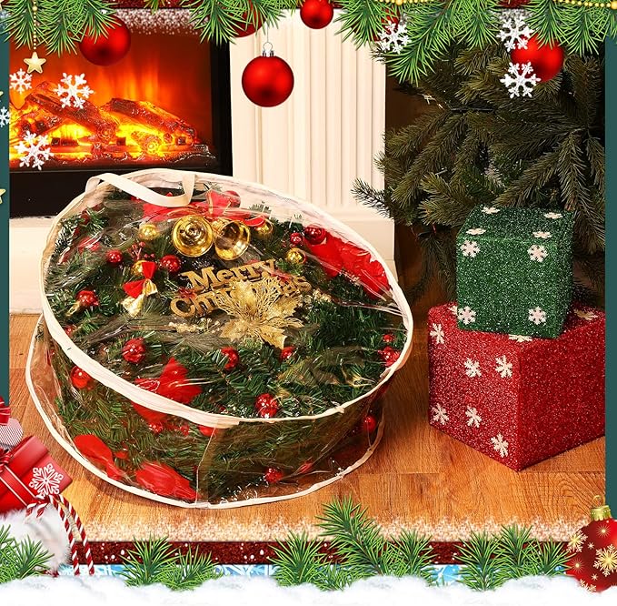 Shappy 2 Pieces Christmas Wreath Storage Container 30 Inch Wreath Plastic Storage Bags with Dual Zippers and Handles for Xmas Thanksgiving Holiday Artificial (Clear)