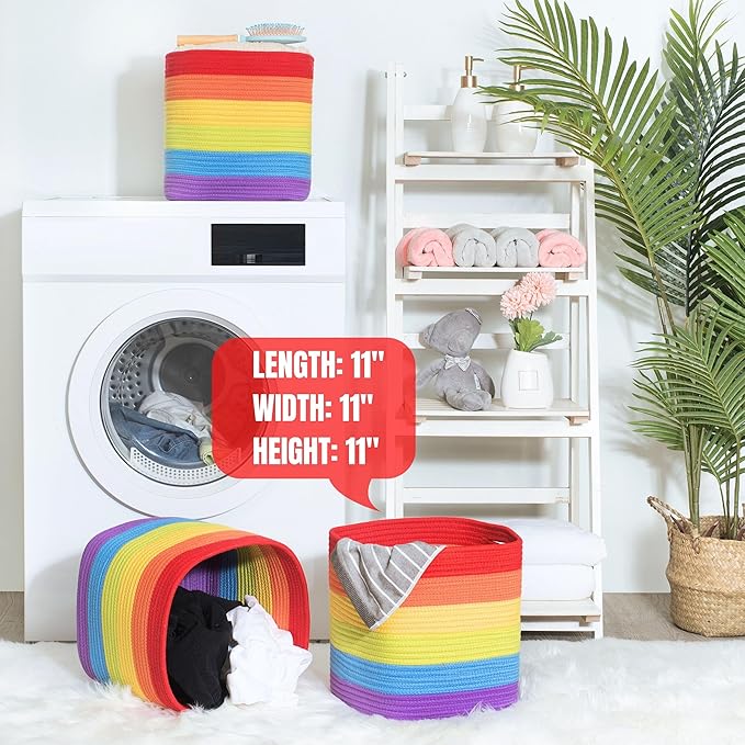 MINTWOOD Design 3-Pack 11x11 Inch Cube Storage Bin, Woven Storage Cube Organizer, Closet Organizer, Cute Square Storage Bins, Decorative Classroom Bathroom Pantry and Shelf Baskets, Rainbow