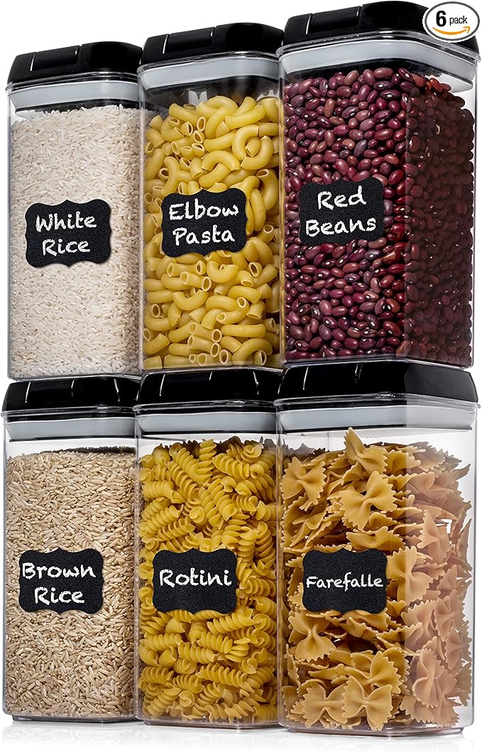 Shazo Airtight Food Storage Containers with Lids - 6 PC BPA Free Clear Plastic Cereal Containers with Easy Lock Lids for Kitchen and Pantry Organization for Snacks and Pasta - 1.2L