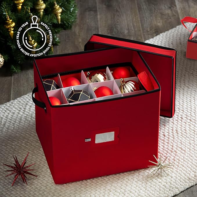 ZOBER Christmas Ornament Storage Box - Stores 36 4" Large Ornaments with Individual Trays - Tear Proof 600D Oxford Fabric - Ornament Organizer Storage Box, Durable Christmas Containers Holder - Red