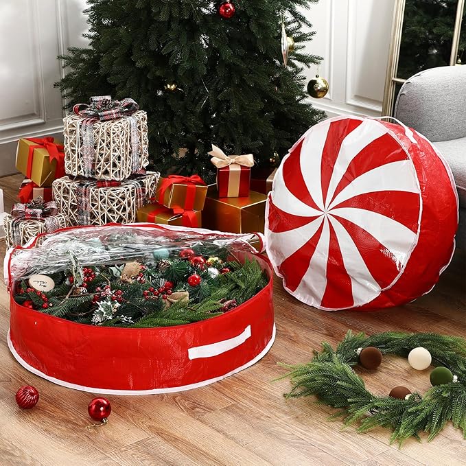 4 Pcs 24 Inch Christmas Wreath Storage Bag Candy Cane Wreath Storage Container Clear Window Dual Zipper Handle Red White Peppermint Garland Organizer for Holiday Decoration, Cute Lollipop