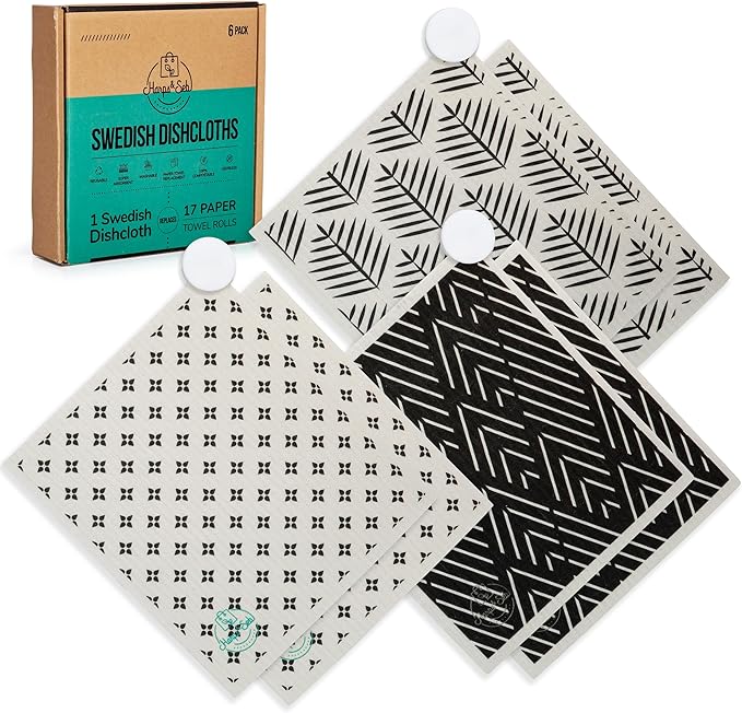 Harps&Seb Swedish Dishcloths for Kitchen Dishcloths - 6 Pack, Reusable Paper Towels with Clips, Super Absorbent Washable Non-Scratch Swedish Dish Towels, No Odor, Biodegradable