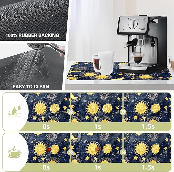 Dish Drying Mat Colorful Textile Sun Moon Stars Kitchen Mat 12"x19" Bsorbent Coffee Maker Mat for Dishes Utensils Coffee Maker Pots and Pans Easy Clean Dish Slip Resistant Pad