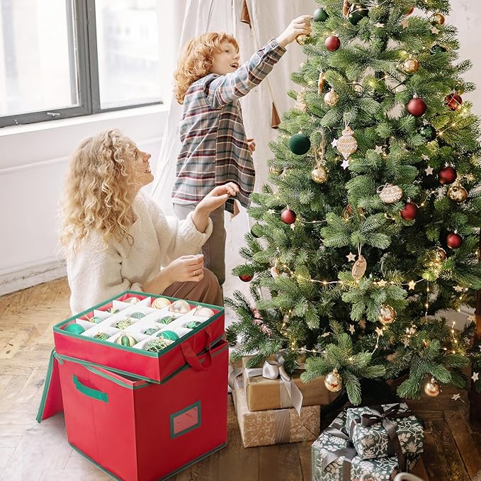 Christmas Ornament Storage Box Containers Holiday Decoration Organizer, Christmas Ball Accessories Holder with Adjustable Dividers, 4 Removable Trays, Zippered Closure, 600D Oxford 13x13x13.39