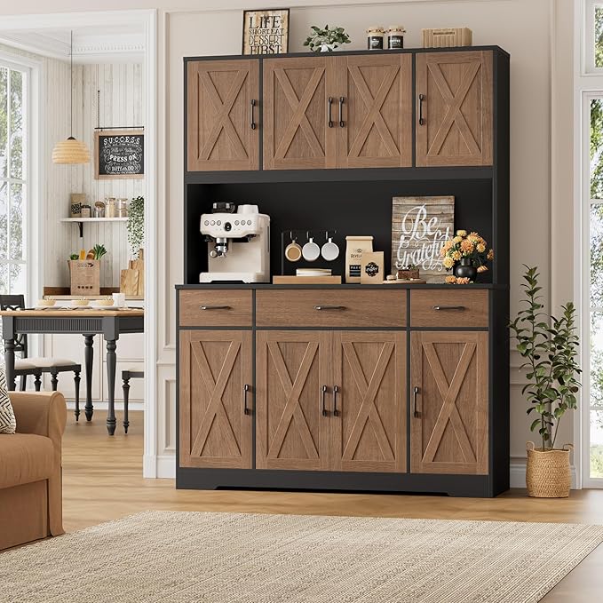HOSTACK 71" Tall Kitchen Pantry Storage Cabinet with Charging Station, 55" Wide Kitchen Hutch Cabinet with Large Countertop, Farmhouse Food Pantry with Drawers for Living Room, Brown/Black