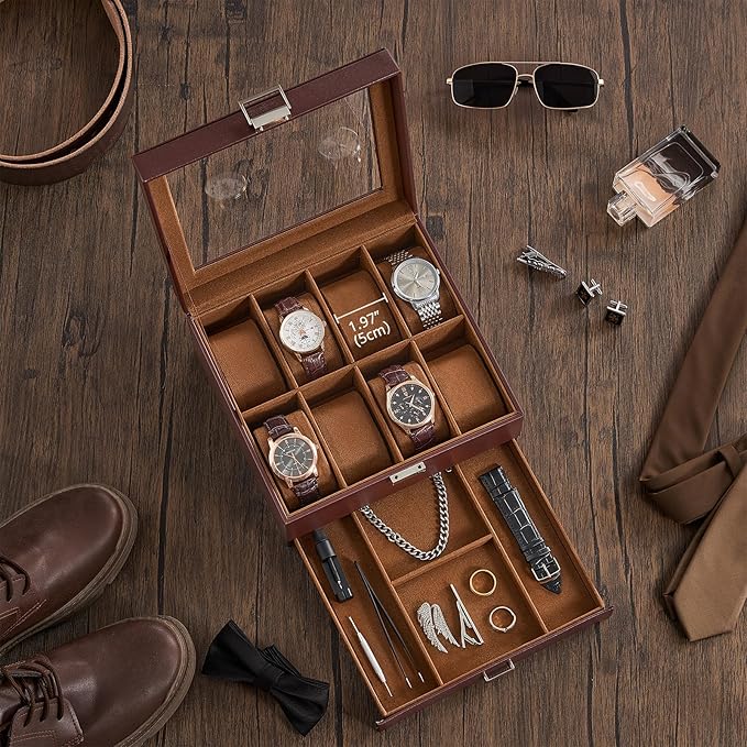 ProCase Watch Case, 8 Slot Mens Watch Box Holder Organizer with Glass Lid, 2-Layer Watches Display Case, Mens Jewelry Box with Drawer, Birthday Valentine Gifts for Men Women -8 Slot, Espresso