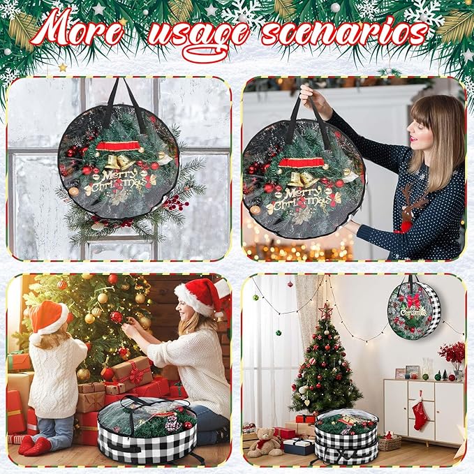 Shappy 4 Pcs Christmas Wreath Storage Bag Wreath Storage Container with Clear Window Plaid Wreath Storage Box with Handles for Storing Garland Holiday Wreath Wrapping(24 Inch,White Black)
