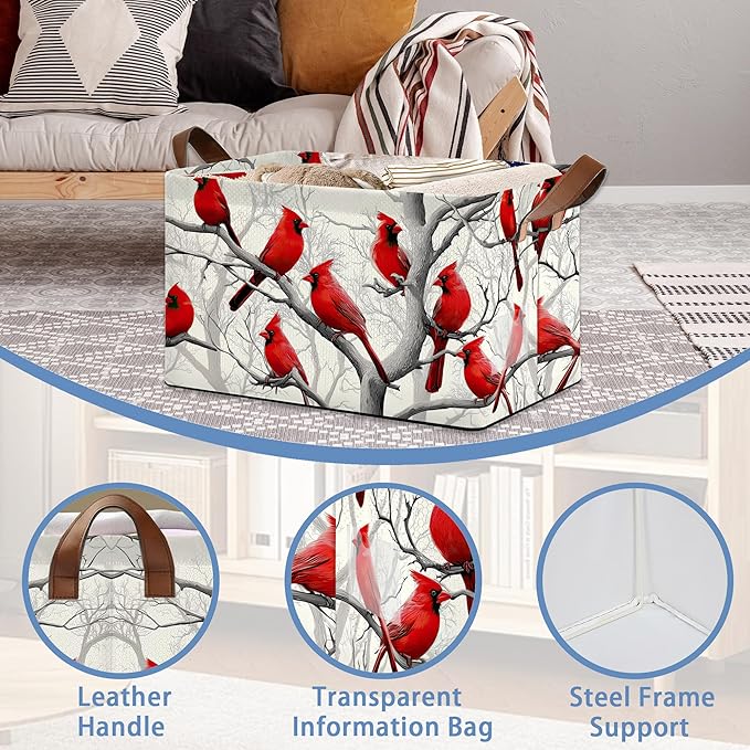 Red Cardinal Storage Basket with Handles,Winter Collapsible Rectangle Organizer Bin for Room Decoration Books Box Baskets 17x11.5x10Inch