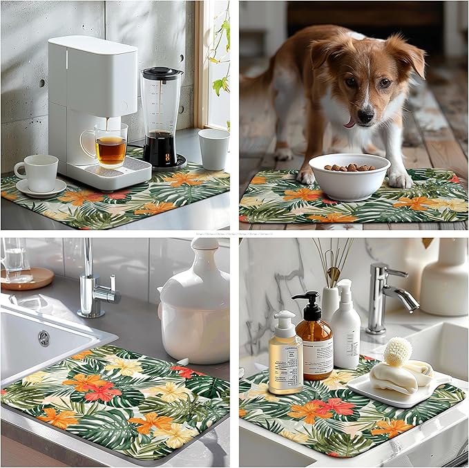 Wnoesat Tropical Leaves Flower Drying Mat for Kitchen Counter Summer Palm Leaf Drying Dish Mat Watercolor Herbs Dishes Pad Absorbent Fast Dry Kitchen Accessories 16x18 Inch