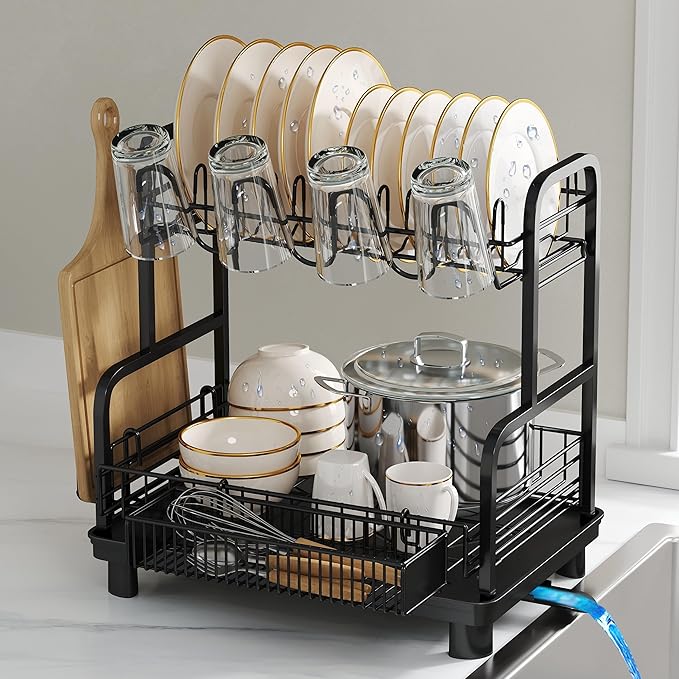 2 Tier Black Large Capacity Dish Drainers Drying Rack for Kitchen Counter, Metal Stainless Steel Rust Proof Plate Strainers Holder On Countertop with Drainboard Tray, Space Saving, Aesthetic Modern