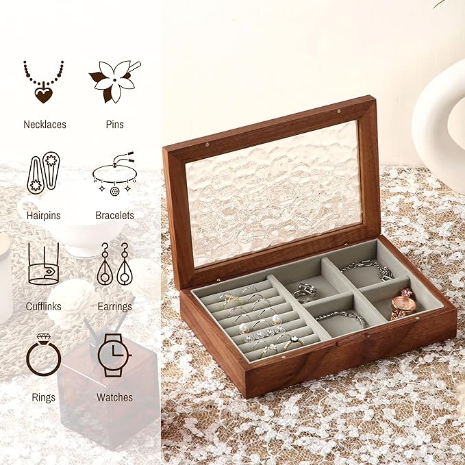 Wooden Jewelry Box for Women, Medium Size Natural Solid Walnut Wood Vintage Trinket Organizer with Large Storage, Ring Compartments, Built in Necklace Hooks, Glass Lid, ek06-m-walnut