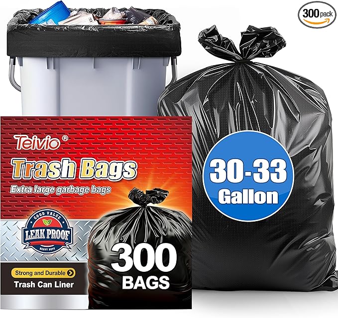 30-33 Gallon 300 Counts Large Trash Bags Black Garbage Bags, Large Trash Can Liners for Home,Kitchen,Office,All Purpose Light Residential or Commercial Waste,Outdoor Lawn and Leaf Bags