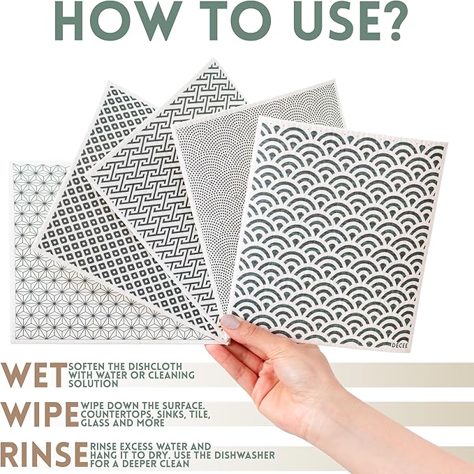 DECEE Swedish dishcloths (Pottery) 5-Pack, Reusable, Washable Cellulose Cotton Kitchen Cloths,Replace Paper Towels, Sponges, Dish Rags